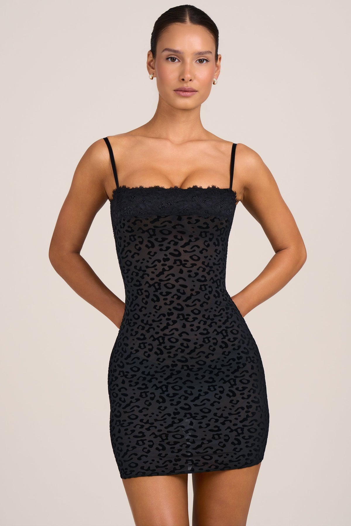 Oh Polly Ariella Flocked Leopard Mesh Mini Dress Black